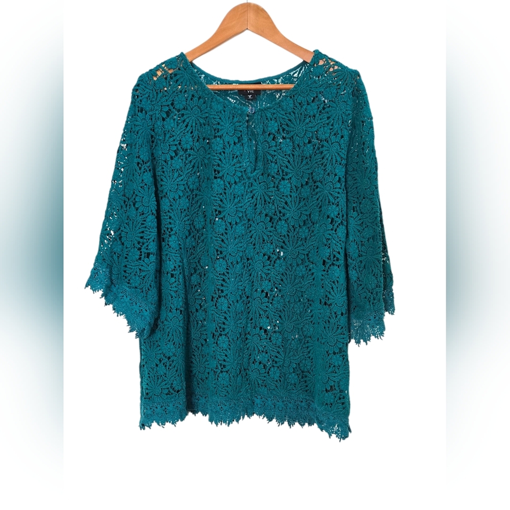 June + Vie Cotton Crochet Lace Blouse M 14/16 Teal Scalloped Boho Oversized Top